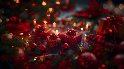 Elegant Festive Arrangement with Wrapped Gift and Christmas Ornaments