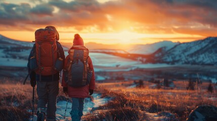 Family with backpacks treks through a snowy mountain - obrazy, fototapety, plakaty