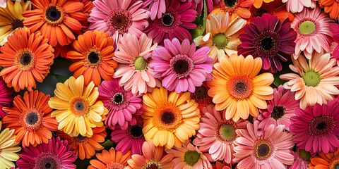 Fototapeta premium Photo of a background of vibrant gerberas in different colors creating a fun and cheerful mood for poster design or event advertising.