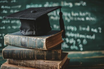 Graduation cap atop a stack of old books in front of a chalkboard, symbolizing academic success