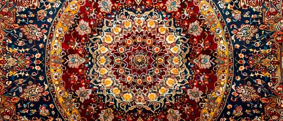 A detailed view of a classic Persian rug, showcasing a vibrant array of colors and traditional floral motifs in a symmetrical design.