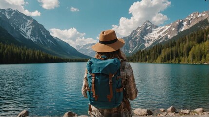 Back view of a woman standing alone near a river and big mountains. - obrazy, fototapety, plakaty