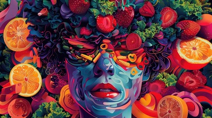 A psychedelic illustration of a person formed from a kaleidoscopic array of food items, that express the chaotic influence of emotions on eating habits. Emotional OverEating Awareness Month. - obrazy, fototapety, plakaty