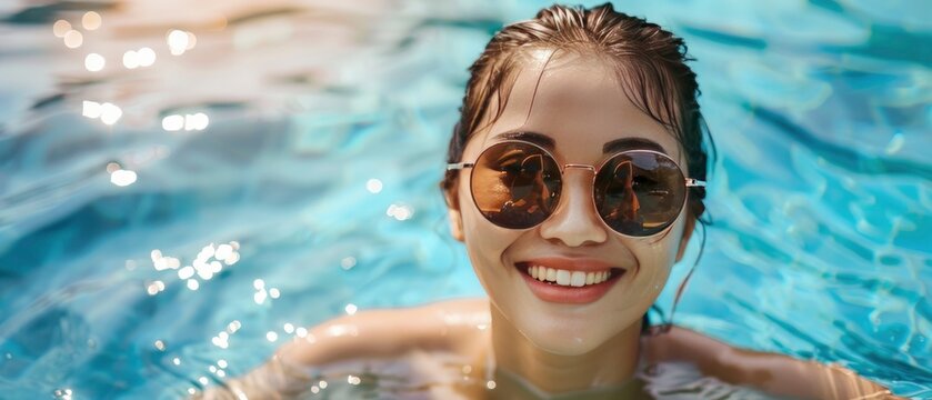 Having fun in the summer pool, a happy Asian girl wearing sunglasses and smiling joyfully
