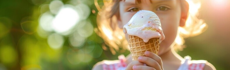 Summertime heat, a child holding a melting ice cream cone - obrazy, fototapety, plakaty