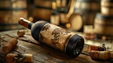 Studio realism  aged wine bottle with detailed label and atmospheric lighting on wooden backdrop - obrazy, fototapety, plakaty
