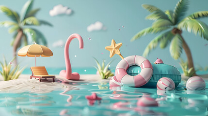 Summer holiday background featuring tropical beach and sunbathing accessories, Generative AI - obrazy, fototapety, plakaty
