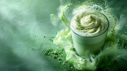a frothy matcha latte on a serene jade green background, with a sprinkle of matcha powder and a...