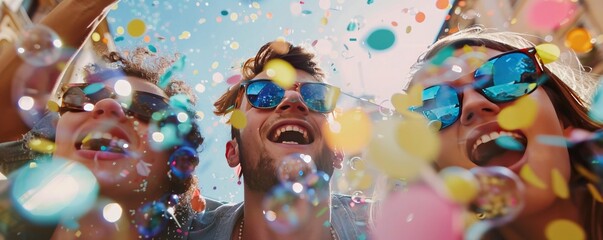 Teenage hipster friends creating air bubbles and throwing vibrant confetti while celebrating, Summer Party - obrazy, fototapety, plakaty