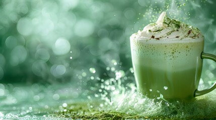 a frothy matcha latte on a serene jade green background, with a sprinkle of matcha powder and a...