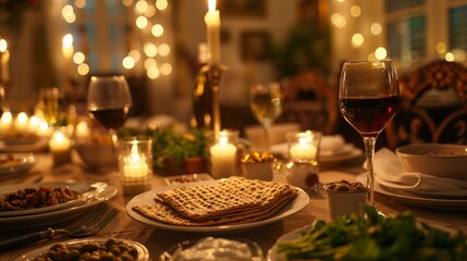 Fototapeta na wymiar Festive Passover Table with Traditional Seder Plate, Wine, and Elegant Candlelight
