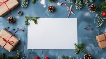 A festive Christmas mockup with a blank white card surrounded by holiday decorations and gifts on a blue background