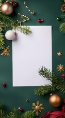 Fototapeta na wymiar A festive holiday-themed mockup with a blank white paper surrounded by Christmas decorations