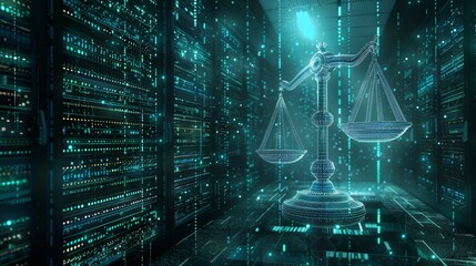 Law scales on background of data center. Digital law concept of duality of Judiciary, Jurisprudence and data in the modern world