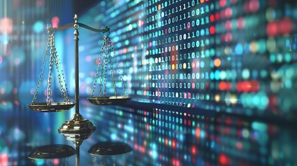 Law scales on background of data center. Digital law concept of duality of Judiciary, Jurisprudence and data in the modern world - obrazy, fototapety, plakaty