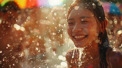 Young Girl Drenched in Sunlight and Joy during the Exhilarating Songkran Water Festival