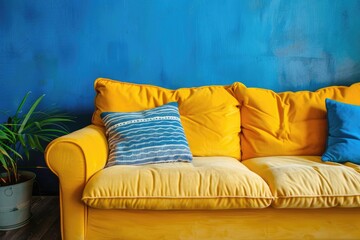 Comfortable Yellow Couch in a Bright Blue Apartment with Ascetic Arrangement