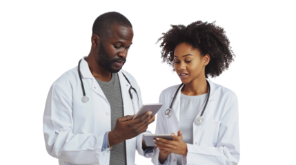 
African American patient explains problem to Asian doctor using tablet