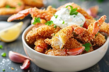 Crab Claws. Delicious Fried Breaded Surimi Crab Claws Heap with Tartar Dip and Crumbly Bread Chunks on White Plate