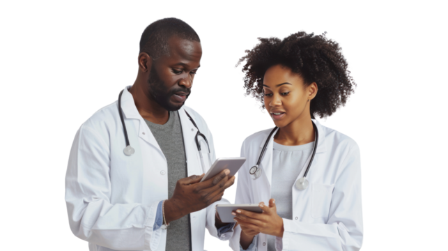 
African American patient explains problem to Asian doctor using tablet
