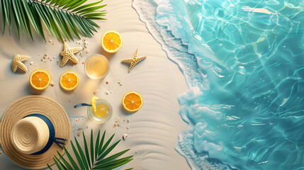 Tropical Beach with sunbathing accessories, summer holiday background and copy space, ai generated