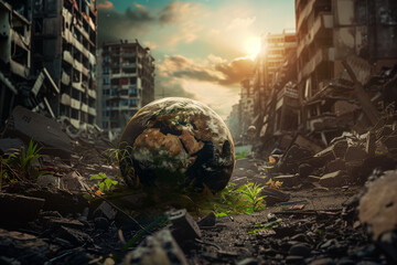 A small earth planet sits in the middle of a destroyed city, with ruins and debris around it, Generative AI - obrazy, fototapety, plakaty