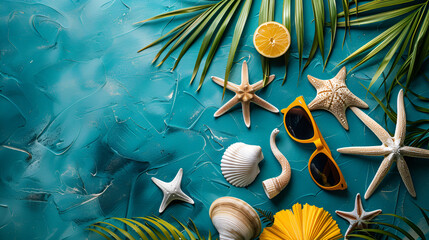 Tropical Beach with sunbathing accessories, summer holiday background and copy space, ai generated - obrazy, fototapety, plakaty