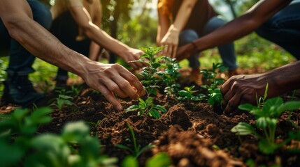 Diverse Group Planting Young Tree Seedling in Soil to Celebrate World Earth Day