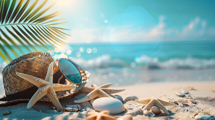 Fototapeta na wymiar Tropical Beach with sunbathing accessories, summer holiday background and copy space, ai generated
