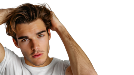 A handsome, strong, beautiful young man. A handsome model touches his hair