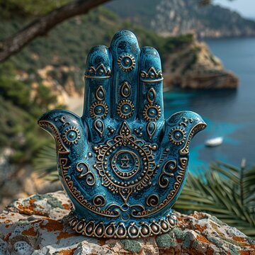 Hamsa Hand Amulets Overlooking a Mediterranean Seascape The protective symbols blur with the sea