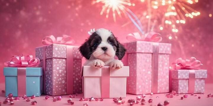 Cute little black and white shih tzu puppy with pink gift boxes and fireworks on pink background.