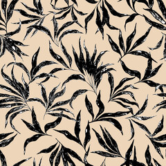 Abstract tropics seamless pattern. Grunge palm trees silhouettes transparent texture background. Exotic illustration for summer design, beach swimwear fabric, wallpaper.