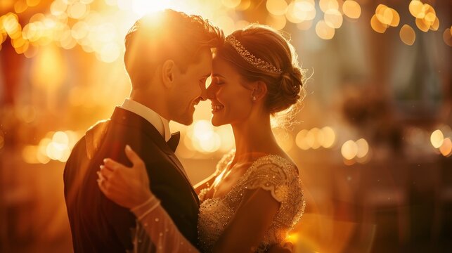 Romantic bride and groom dance with detailed dress in soft light, bokeh effect, high res image
