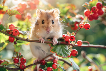 Hamster sitting in tree with berry fruits