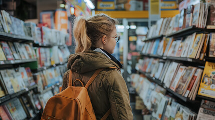 A young woman with glasses and a backpack thoughtfully peruses the bookshelves in a well-lit store.