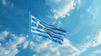 Greece Waving Flag on light blue sky summer background, Independence Day