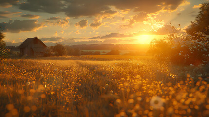 A rural scene bathed in the warm glow of the setting sun - obrazy, fototapety, plakaty