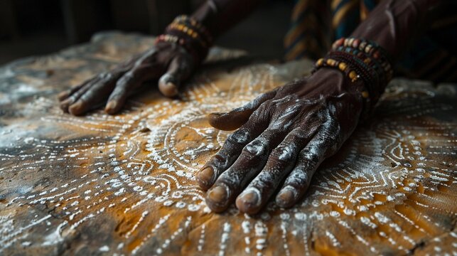 Vodou Veve Symbols Drawn in Flour for a Ceremony The intricate lines spread out