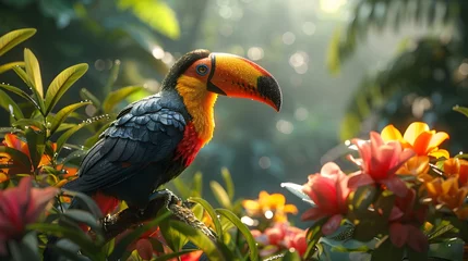 Poster a lush tropical rainforest, where a colorful toucan perches in the canopy, its brightly colored plumage a striking contrast to the verdant foliage, in cinematic 8k high resolution. © Ghouri