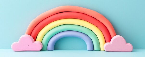 Colorful pastel rainbow arch with cloud shapes on a blue background, creating a playful and cheerful atmosphere