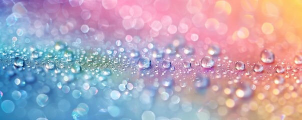 Glistening water droplets in pastel rainbow hues create a dreamy bokeh effect on a bright surface