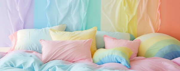 Assortment of rainbow colorful pastel pillows and drapery in a soft, dreamlike bedroom setting