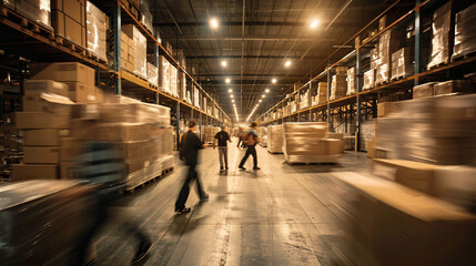 warehouse worker preparing product for shipmrnt in motion blur back view,busy workflow of hardware store emplyess
