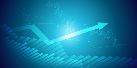 Widescreen Abstract financial graph with uptrend line arrow and bar chart of stock market on blue color background