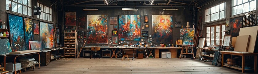 Eclectic artists studio with vibrant artwork and a variety of materialsup32K HD - obrazy, fototapety, plakaty