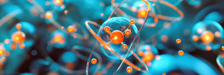 A 3D illustration of an atomic structure with vibrant orange and blue molecules, symbolizing scientific research. - obrazy, fototapety, plakaty