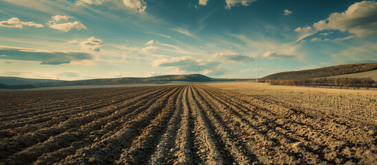 Eco-friendly farming. A tractor harrows a field against the background of wind turbines. - obrazy, fototapety, plakaty