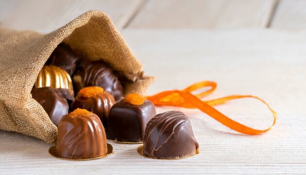 Chocolates (bonbons) in a bag on a wooden table. Close-up photo.