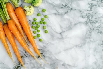 Fresh Carrots and Peas on Marble Background. Top View of Natural Raw Root Vegetables - obrazy, fototapety, plakaty